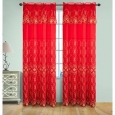 Josephine Embroidery Rod Pocket Panel with Attached Valence and Backing, Red-Gold, 55x90 Inches