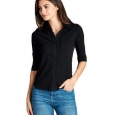 NE PEOPLE WOMEN'S Cozy Half Sleeve Button Down Shirt with Side Rib                          Panel