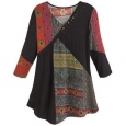 Women's Tunic Top- Red and Black Tapestry Print Patchwork Shirt