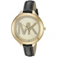Michael Kors Women's MK2392 Slim Runway Gold Dial Black Leather Watch