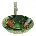 Koi and Lily Pond Glass Vessel Sink in Green with Vessel Faucet and Drain