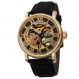 Akribos XXIV Men's Mechanical Skeleton Round Leather Gold-Tone Strap Watch
