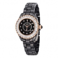 Stuhrling Original Women's Glamour II Quartz Crystal Black-Ceramic-Link Bracelet Watch