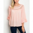 JED Women's Three-Quarter Bell Sleeve Cotton Top with Crocheted                          Neckline