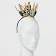 Women's Skinny Metal Head Band with Feathers and Glittered Happy New Year - Char