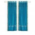 Turquoise Hand Crafted Grommet Top Sheer Sari Curtain Panel -Piece