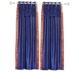Blue Grommet Top Sheer Sari Curtain Panel with beaded hand design -Piece