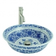 Painted Round Porcelain Vessel Sink in Blue and White with Vessel Faucet and Drain