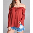 JED Women's Off-Shoulder Bell Sleeve Lace Up Top