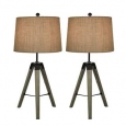 Rustic Whitewashed Wood Tripod Set of 2 Table Lamps with Burlap Shade - Off-white