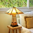 Tiffany Style Golden Mission Table Lamp with Lit Base