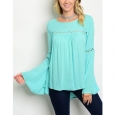 JED Women's Soft Rayon Bell Sleeve Top with Crochet Detailing