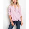 JED Women's Pink Striped Lace Up Twist Knot High Low Shirt