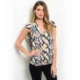 Shop the Trends Women's Cap Sleeve Snake Print V-neck Button Down Top