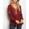 JED Women's Long Sleeve Burgundy Tunic Top