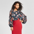 Women's Long Blouson Sleeve Blouse - Who What Wear Black Floral XS