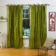 Olive Green Tie Top Sheer Sari Curtain / Drape / Panel - Pair