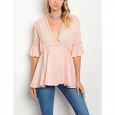 JED Women's Blush Three-Quarter Sleeve Flared V-neck Blouse