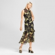 Who What Wear Women's Tiered Ruffle Layered Sheer Midi Dress Floral Black Sz S