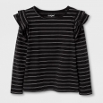 Girls' Shine Stripe Long Sleeve Ruffle Top - Cat & Jack Black XS