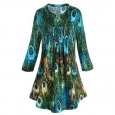 Women's Tunic Top - Green & Blue Peacock Feathers Pleated Blouse