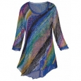 Women's Tunic Top - Colorful Striped Asymmetrical 3/4 Sleeve Shirt