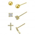 Women's Gold Over Silver 3 Pair Cz/Ball/Cross Stud Earring Set-White